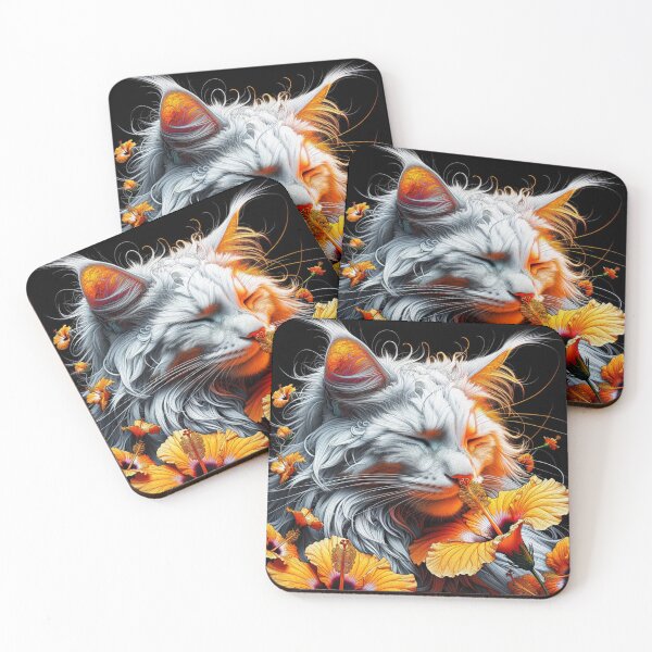 Item preview, Dreamy Cute Cat with Hibiscus Flowers, Floral Wallpaper Illustration designed and sold by Keirnyx.