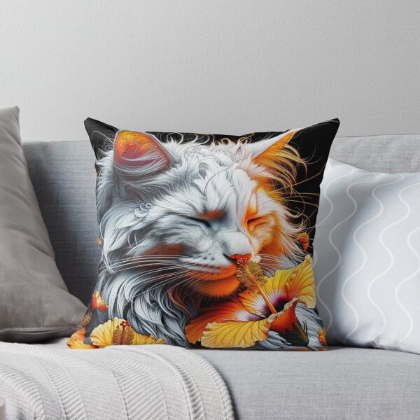 Item preview, Dreamy Cute Cat with Hibiscus Flowers, Floral Wallpaper Illustration designed and sold by Keirnyx.