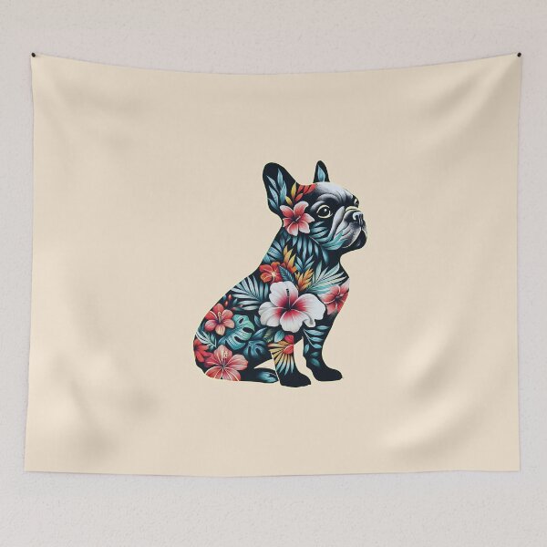 Item preview, French bulldog sitting silhouette and colorful tropical flowers, French bulldog lovers, gift for French bulldog  lovers designed and sold by Collagedream.