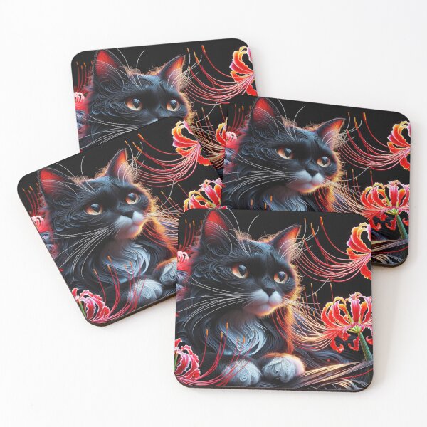 Item preview, Elegant Black Cat with Red Flowers, Detailed Floral 4k Wallpaper Illustration designed and sold by Keirnyx.