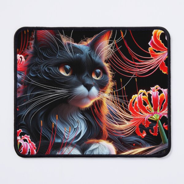 Item preview, Elegant Black Cat with Red Flowers, Detailed Floral 4k Wallpaper Illustration designed and sold by Keirnyx.