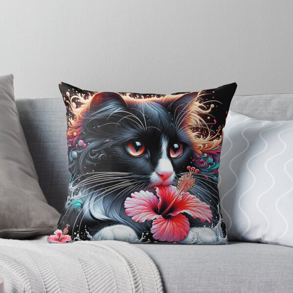 Item preview, Cute Black Cat with Pink Hibiscus, Colorful Fantasy Wallpaper Illustration designed and sold by Keirnyx.