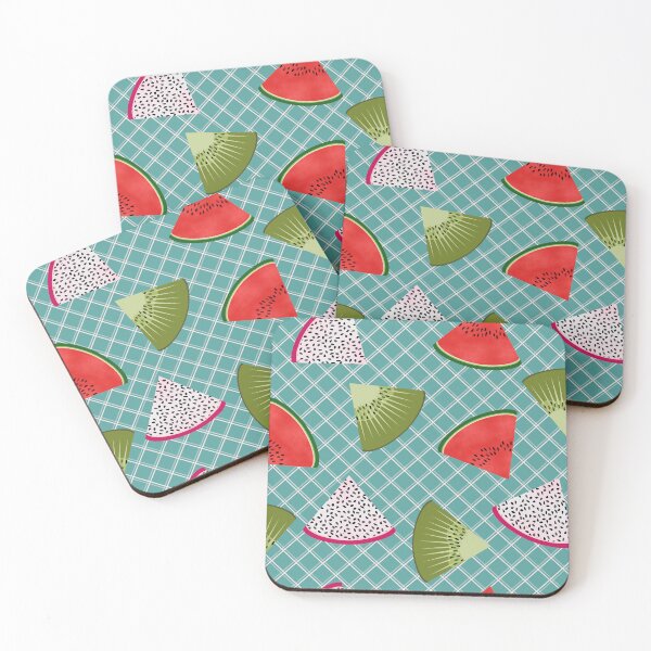 Item preview, Watermelon, Kiwi Fruit and Dragon Fruit Slices on Blue Plaid designed and sold by MerryMakewell.