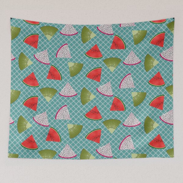 Item preview, Watermelon, Kiwi Fruit and Dragon Fruit Slices on Blue Plaid designed and sold by MerryMakewell.