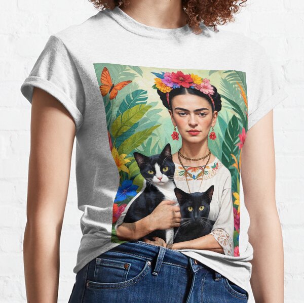 Aperçu de l'œuvre  Frida Kahlo fleurs chats noirs chatons Frida Kahlo créée et vendue par TeeARTHY.
