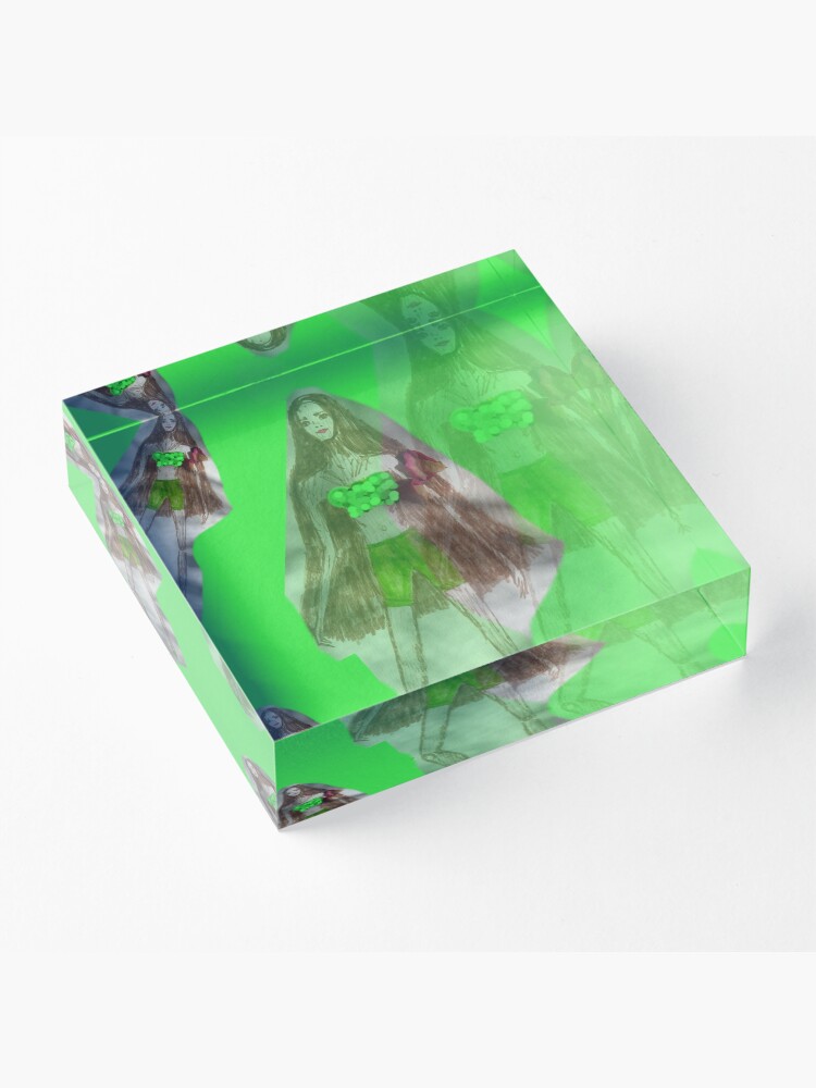 Alternate view of Skinny Girl With Long Hair; Green Background Acrylic Block