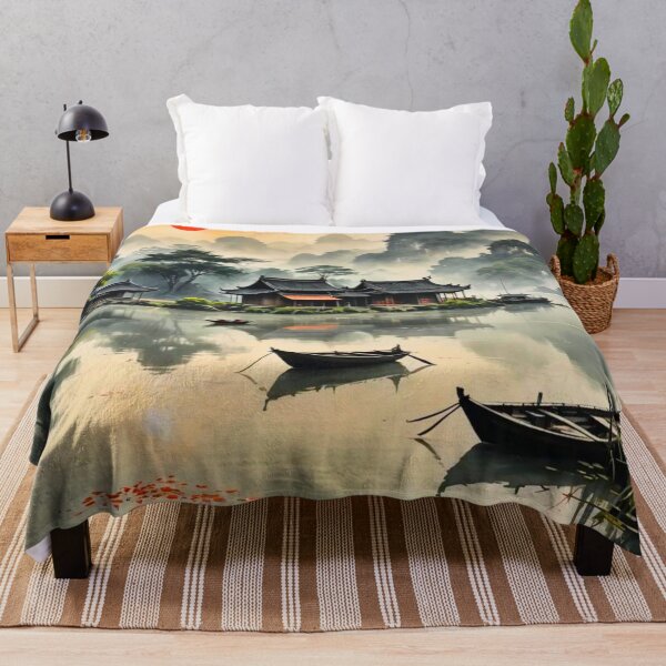 Item preview, Lakeside pirogues Fishing Huts Red Sun and Forest Moutains Landscape designed and sold by redask2me.