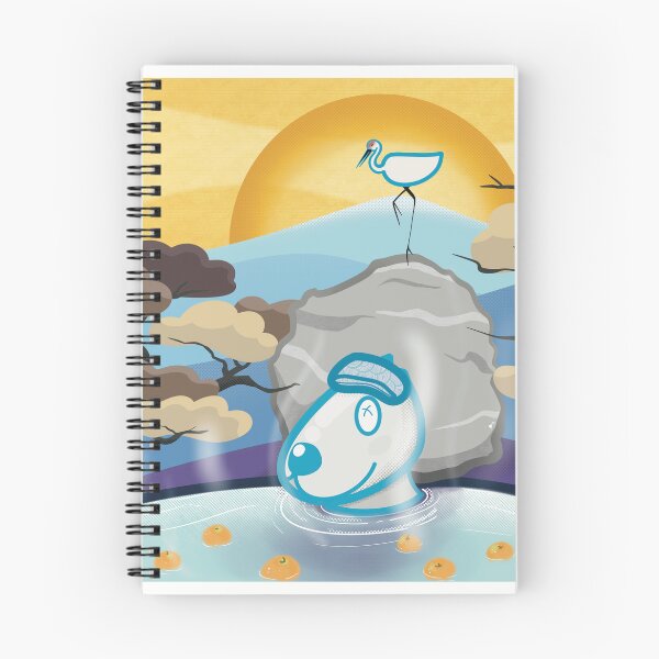 Item preview, Dog in outdoor hot spring and a Crane standing on the rock with mountain background  designed and sold by tennstudio.