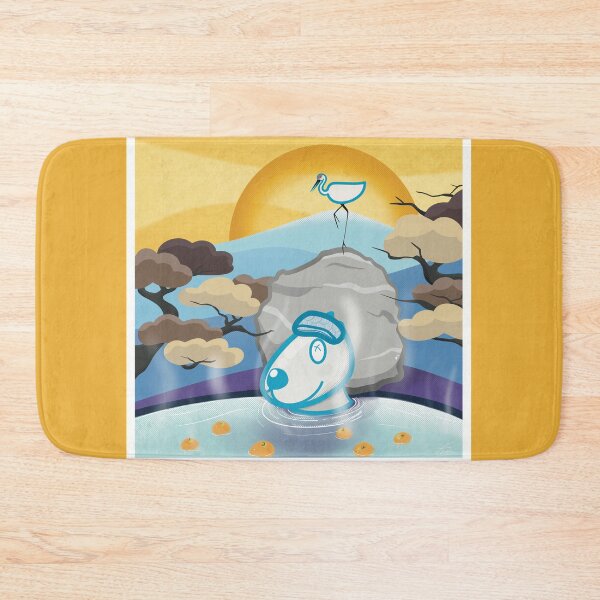 Item preview, Dog in outdoor hot spring and a Crane standing on the rock with mountain background  designed and sold by tennstudio.