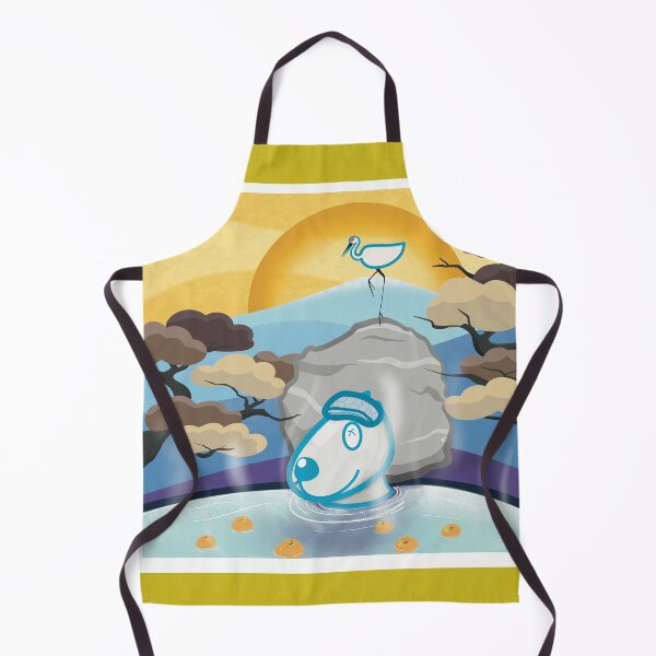 Item preview, Dog in outdoor hot spring and a Crane standing on the rock with mountain background  designed and sold by tennstudio.
