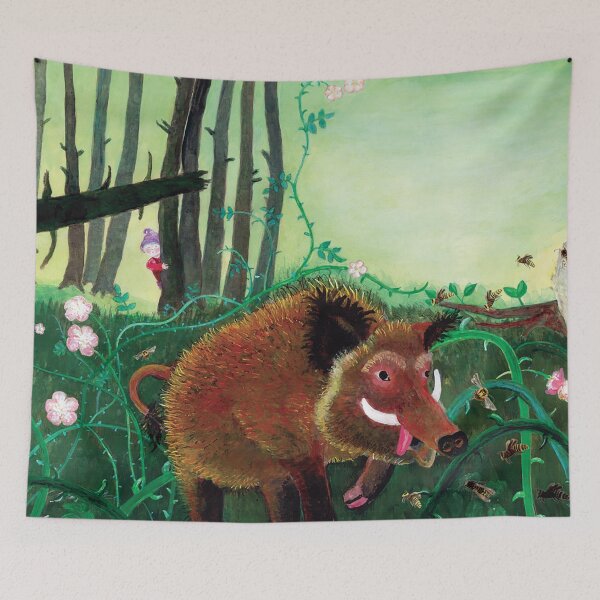 Item preview, Wild Boar Finding Hornet's Nest in a Gnomes Garden designed and sold by Julia Doria.