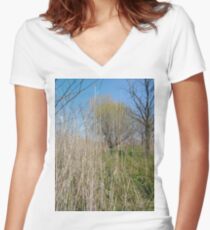 Happiness, Building, Skyscraper, New York, Manhattan, Street, Pedestrians, Cars, Towers, morning, trees, subway, station, Spring, flowers, Brooklyn Women's Fitted V-Neck T-Shirt