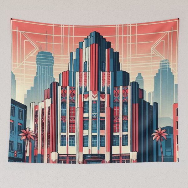 Item preview, The image features a retro-futuristic cityscape with skyscrapers, high-tech elements, and the American flag, creating a scene that blends classic and futuristic concepts. designed and sold by Nataliya Kretsu.