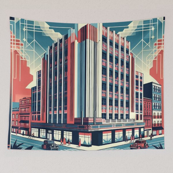 Item preview, The image features a retro-futuristic cityscape with skyscrapers, high-tech elements, and the American flag, creating a scene that blends classic and futuristic concepts. designed and sold by Nataliya Kretsu.