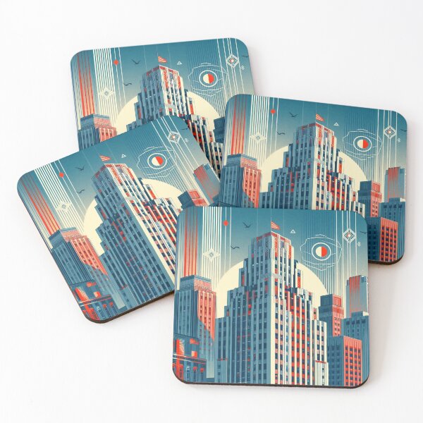 Item preview, The image features a retro-futuristic cityscape with skyscrapers, high-tech elements, and the American flag, creating a scene that blends classic and futuristic concepts. designed and sold by Nataliya Kretsu.