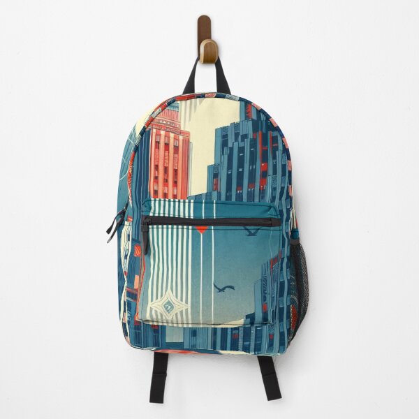 Item preview, The image features a retro-futuristic cityscape with skyscrapers, high-tech elements, and the American flag, creating a scene that blends classic and futuristic concepts. designed and sold by Nataliya Kretsu.