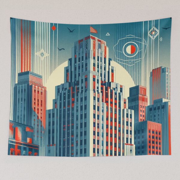 Item preview, The image features a retro-futuristic cityscape with skyscrapers, high-tech elements, and the American flag, creating a scene that blends classic and futuristic concepts. designed and sold by Nataliya Kretsu.