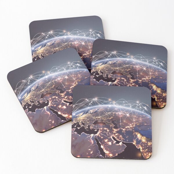 Item preview, A night view of Earth from space, showcasing the illuminated continents of Europe, Africa, and Asia, interconnected by a web of glowing lines designed and sold by homydesign.