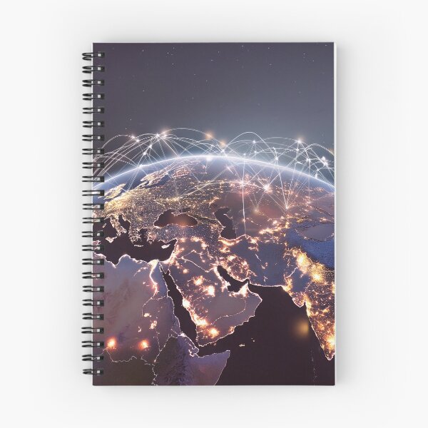 Item preview, A night view of Earth from space, showcasing the illuminated continents of Europe, Africa, and Asia, interconnected by a web of glowing lines designed and sold by homydesign.