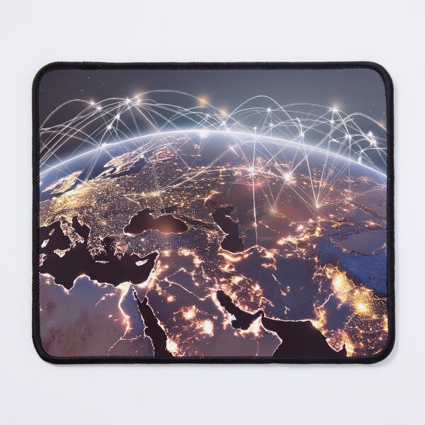 Item preview, A night view of Earth from space, showcasing the illuminated continents of Europe, Africa, and Asia, interconnected by a web of glowing lines designed and sold by homydesign.