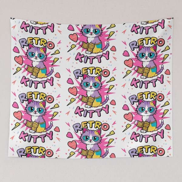 Item preview, an adorable 80s-themed cat illustration with vivid pastel colors, wearing a leg warmers and surrounded by hearts and lightning bolts, with the text 'Retro Kitty' in a playful font designed and sold by OneLastWish.