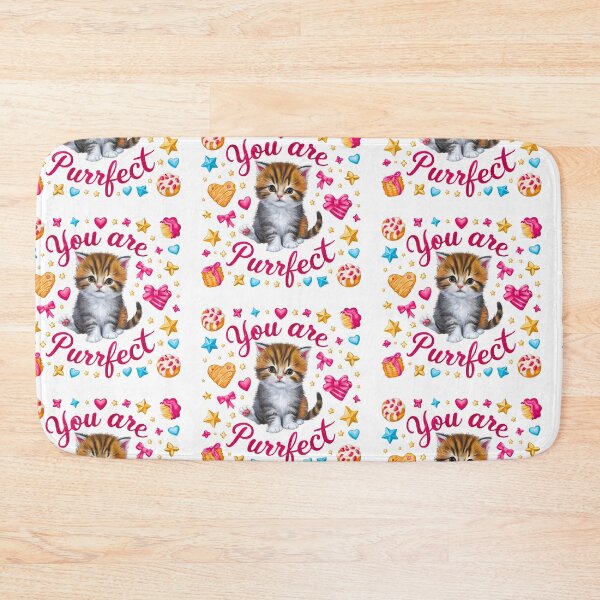 Item preview, a charming picture of a kitten surrounded by delicious treats, hearts, bows, and stars in bright pastel colors, with the words 'You Are Purrfect' designed and sold by OneLastWish.