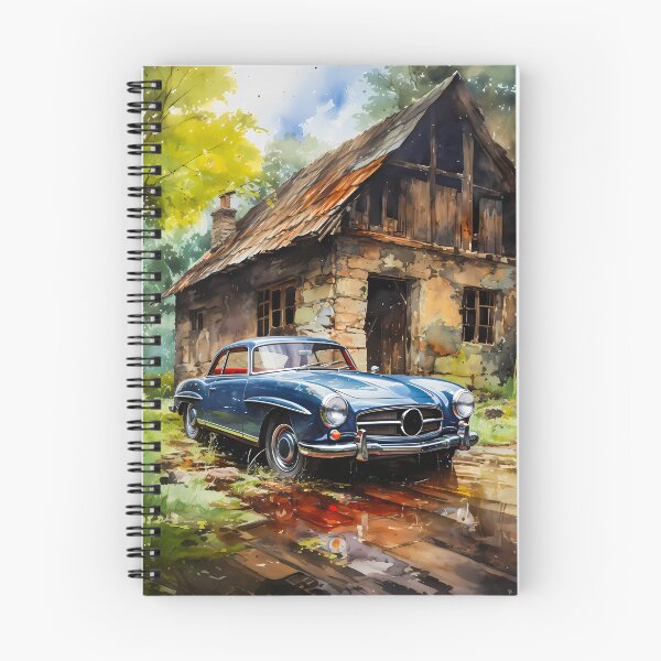 Artikelvorschau, Blauer Mercedes Benz SL, klassisches Eleganzauto wiederentdeckt entworfen und verkauft von RevUpDesign.
