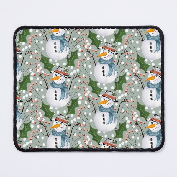 Item preview, Textured happy snowman with holly branches and leaves on falling snow on a winter green background designed and sold by JasmineGDesigns.