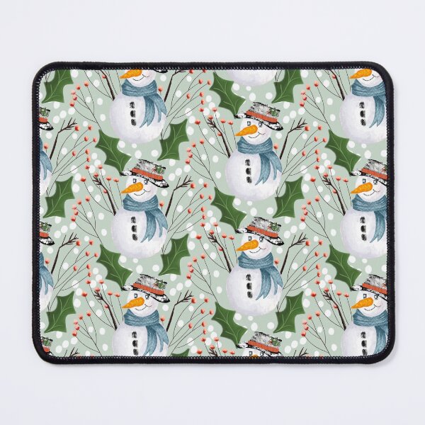 Item preview, Textured happy snowman with holly branches and leaves on falling snow on a light winter green background designed and sold by JasmineGDesigns.