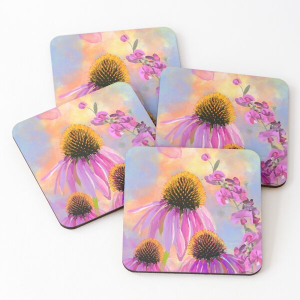 Item preview, 'Healing' Watercolor Echinacea + Sweet Pea Flowers at Sunset designed and sold by Venus-in-Virgo.