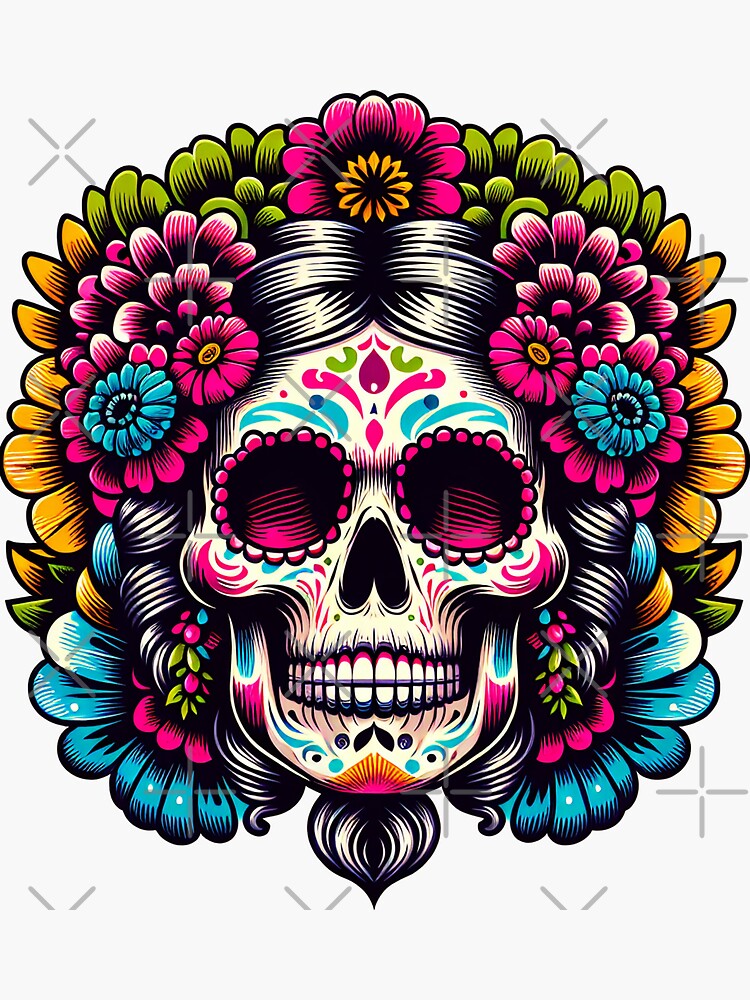 Thumbnail 3 von 3, Sticker, Tag der Toten Woman Skull Flowers designt und verkauft von Kobeko.