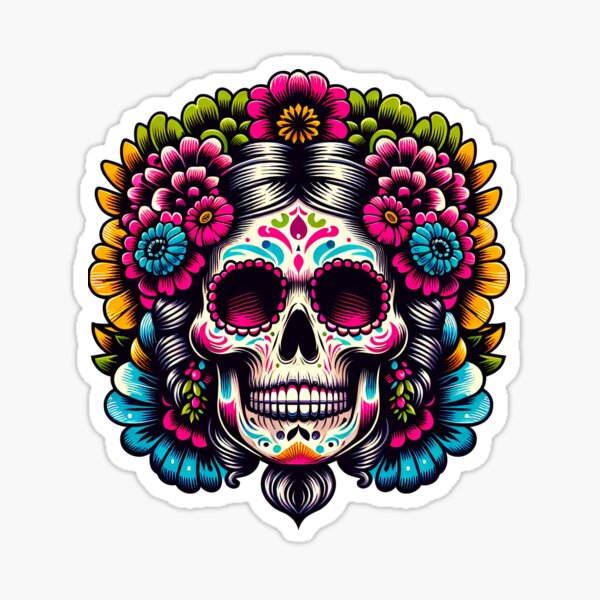 Day of the Dead Woman Skull Flowers Sticker