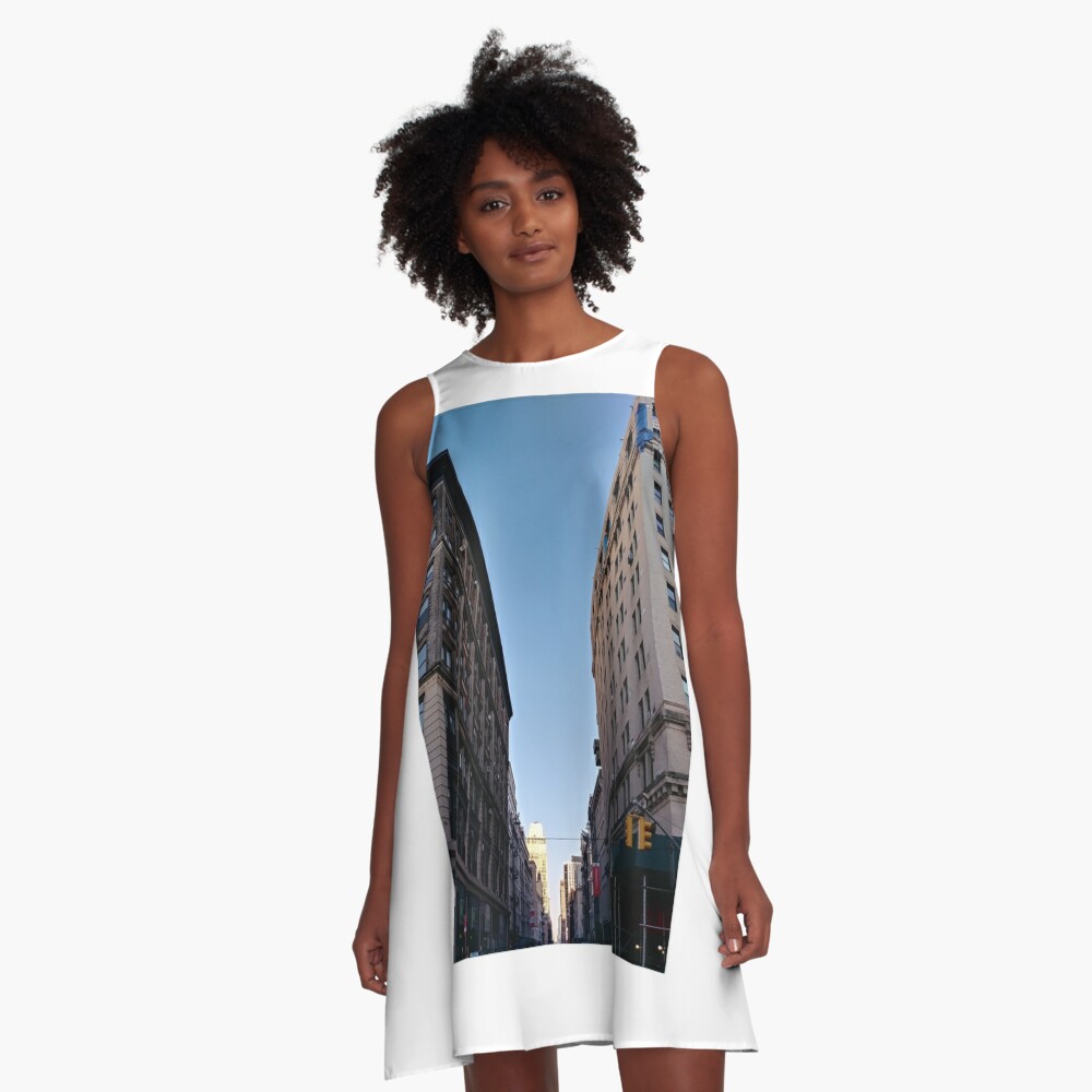 Tower block, High-rise building, Happiness, Building, Skyscraper, New York, Manhattan, Street, Pedestrians, Cars, Towers, morning, trees, subway, station, Spring, flowers, Brooklyn A-Line Dress