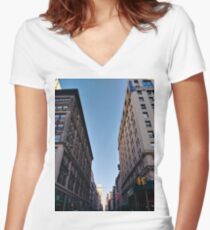 Tower block, High-rise building, Happiness, Building, Skyscraper, New York, Manhattan, Street, Pedestrians, Cars, Towers, morning, trees, subway, station, Spring, flowers, Brooklyn Women's Fitted V-Neck T-Shirt