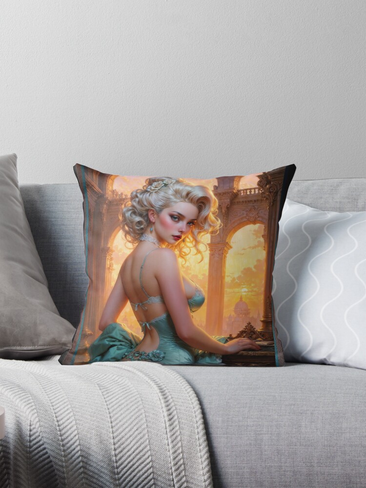 Captivating Rococo-Style Platinum Blonde Beauty In Aqua Green Satin Lingerie AI Concept Art by Xzendor7 Decorative Art Print Portraiture Throw Pillow