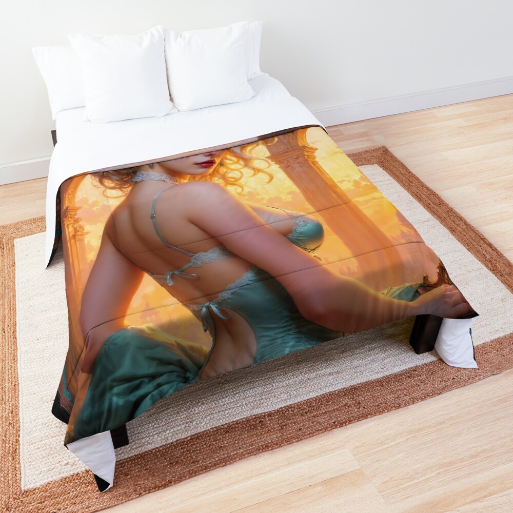 Captivating Rococo-Style Platinum Blonde Beauty In Aqua Green Satin Lingerie AI Concept Art by Xzendor7 Decorative Art Print Portraiture Comforter