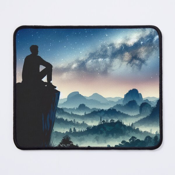 Item preview, Cosmic Solitude: Man Contemplates Starry Sky Over Mountains designed and sold by ArtComixHaven.