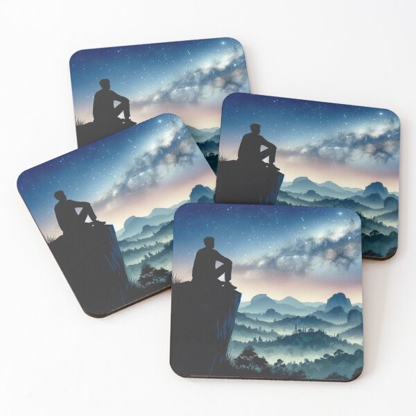 Item preview, Cosmic Solitude: Man Contemplates Starry Sky Over Mountains designed and sold by ArtComixHaven.