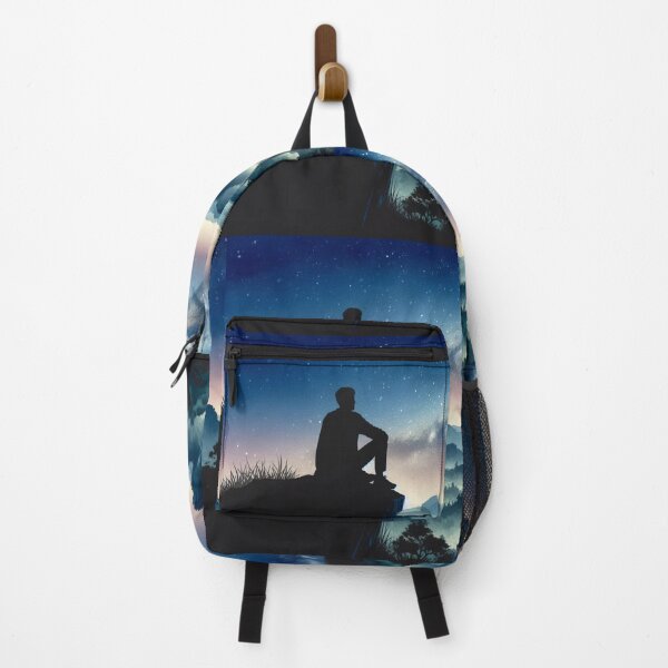 Item preview, Cosmic Solitude: Man Contemplates Starry Sky Over Mountains designed and sold by ArtComixHaven.