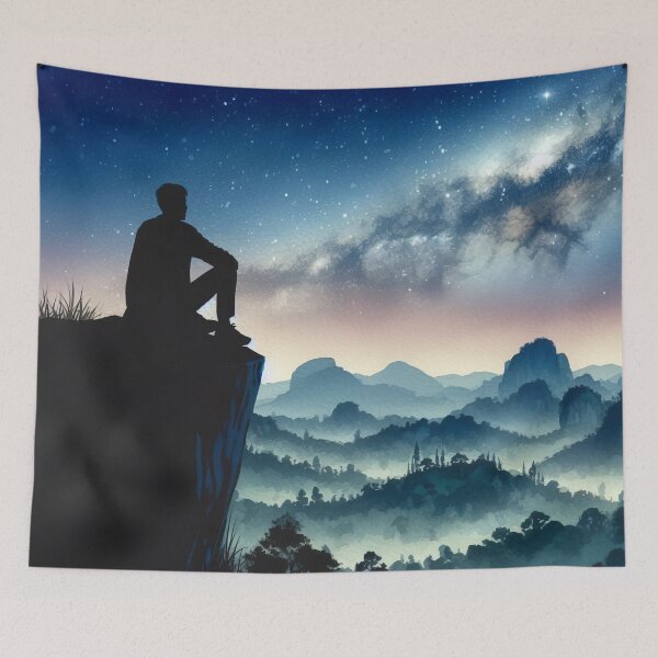 Item preview, Cosmic Solitude: Man Contemplates Starry Sky Over Mountains designed and sold by ArtComixHaven.