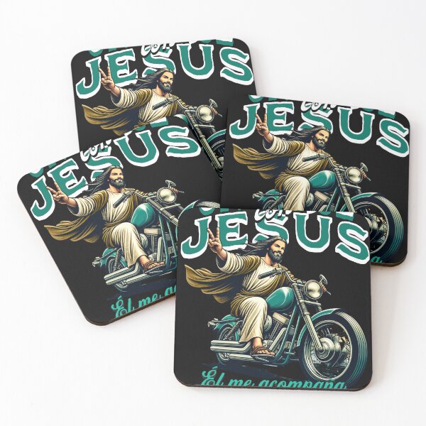 Item preview, A journey with Jesus, He accompanies me on my path (Jesus on a motorcycle waving and smiling) designed and sold by Cadenas22.