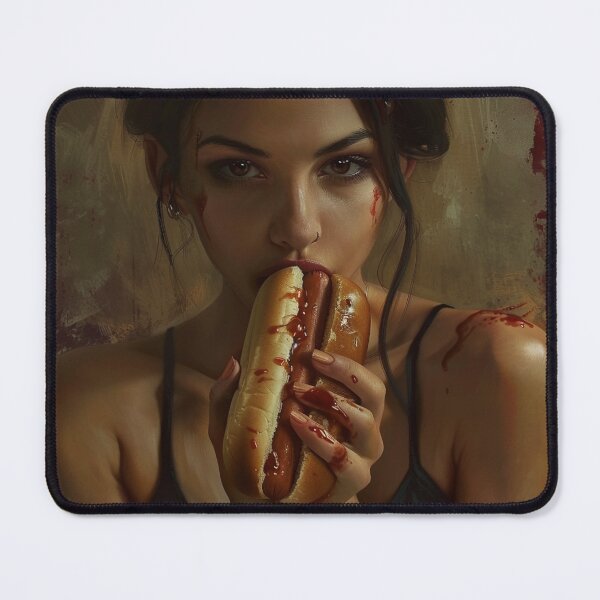 Item preview, A wonman eating a hot dog with a sexy expression. designed and sold by HANGLEMAN.