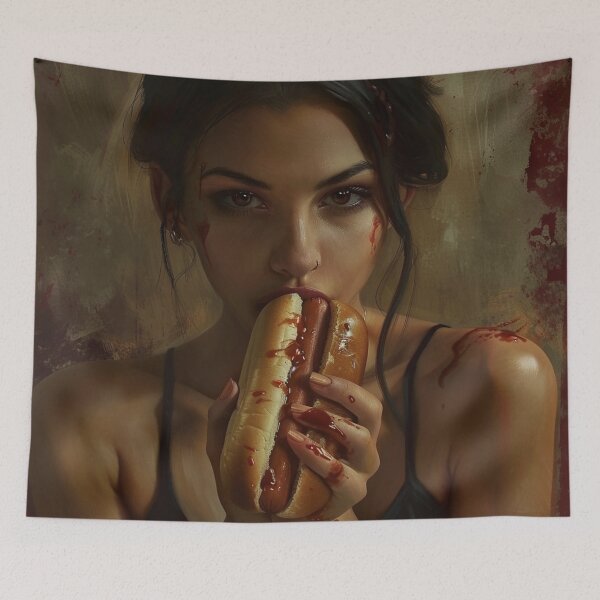 Item preview, A wonman eating a hot dog with a sexy expression. designed and sold by HANGLEMAN.