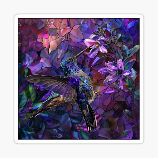 Stained Glass Hummingbird Enjoying a Purple Flower Suncatcher in a deals Horseshoe Frame