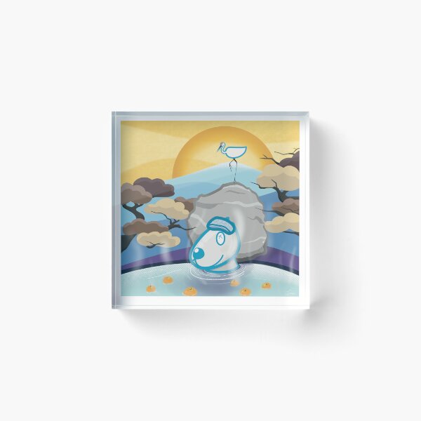 Item preview, Dog in outdoor hot spring and a Crane standing on the rock with mountain background  designed and sold by tennstudio.