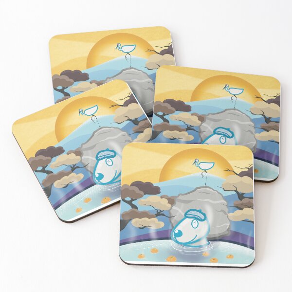 Item preview, Dog in outdoor hot spring and a Crane standing on the rock with mountain background  designed and sold by tennstudio.