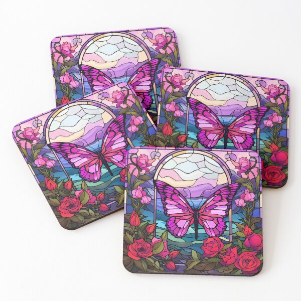 Artikelvorschau, "Buntglas mit Blumen und rosa Schmetterling" entworfen und verkauft von mebraart.