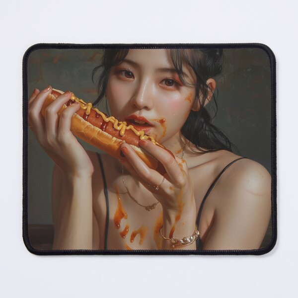 Item preview, A wonman eating a hot dog with a sexy expression. designed and sold by HANGLEMAN.