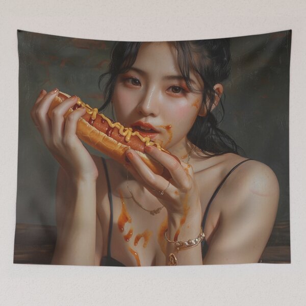Item preview, A wonman eating a hot dog with a sexy expression. designed and sold by HANGLEMAN.
