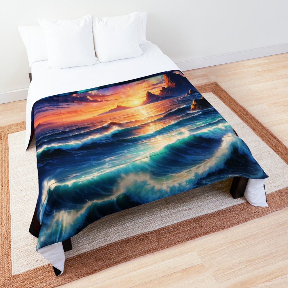 Mesmerizing Ocean Sunset and Aurora Borealis Fantasy Scene AI Concept Art by Xzendor7 Decorative Art Print Comforter